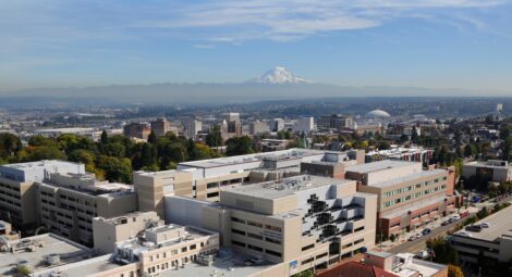Ariel view of Mt. Rainer and a hospital