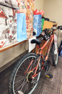 Bike in an office waiting to be gifted. 