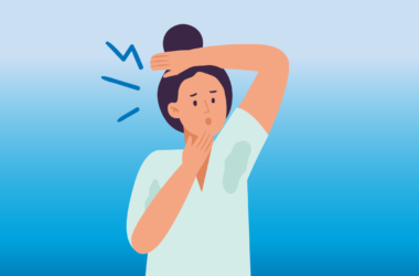 illustration of woman looking at her sweat-stained armpit