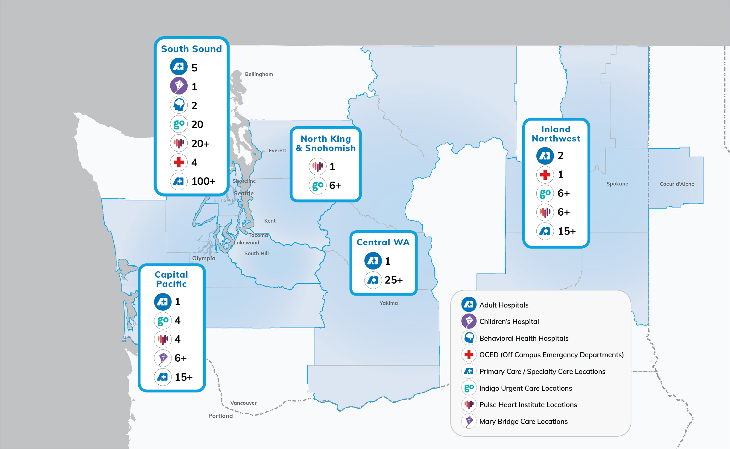 Graphic of Washington state highlighting the locations and regions which the system provides services.