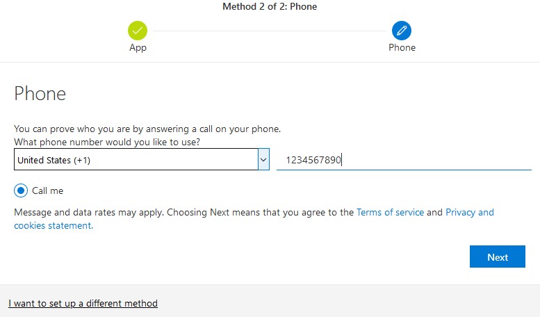 A "Method 2 of 2: Phone" setup page with a sample phone number and the "Call me" verification method active.