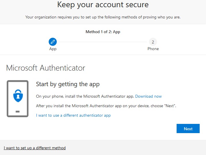 A "Keep your account secure" web guide showing the first step to install the Microsoft Authenticator app.