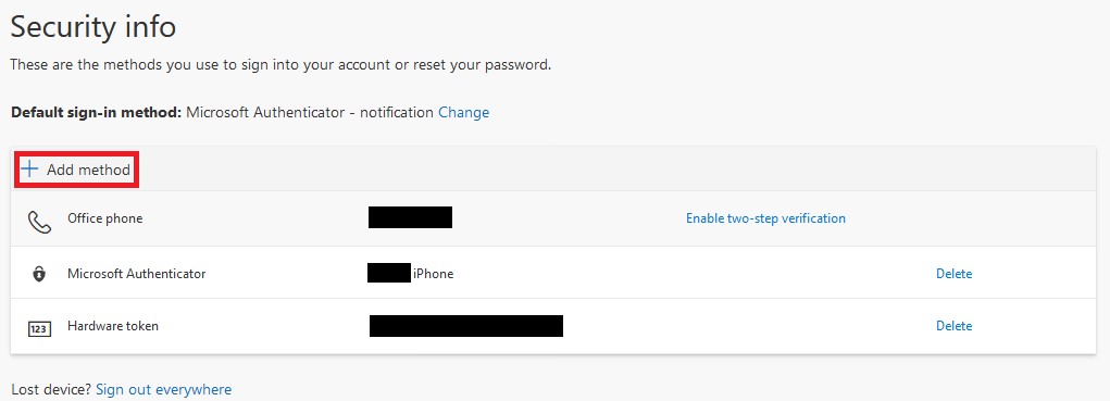 A "Security info" web dashboard showing existing sign-in methods with a red box around the "+ Add method" link.
