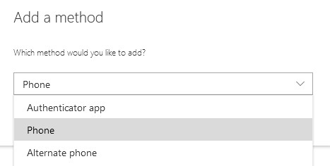 A dropdown menu on the "Add a method" screen with choices for Authenticator app, Phone, and Alternate phone.