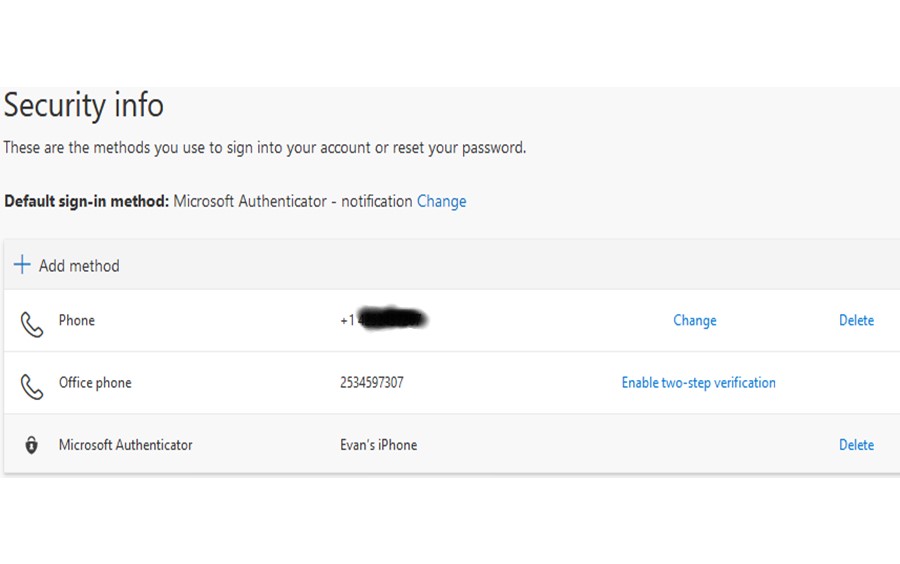 The completed "Security info" dashboard listing Phone, Office phone, and Microsoft Authenticator as active methods.
