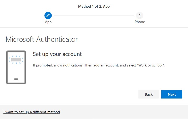 A setup screen instructing the user to allow notifications on their mobile device and select "Work or school" account.