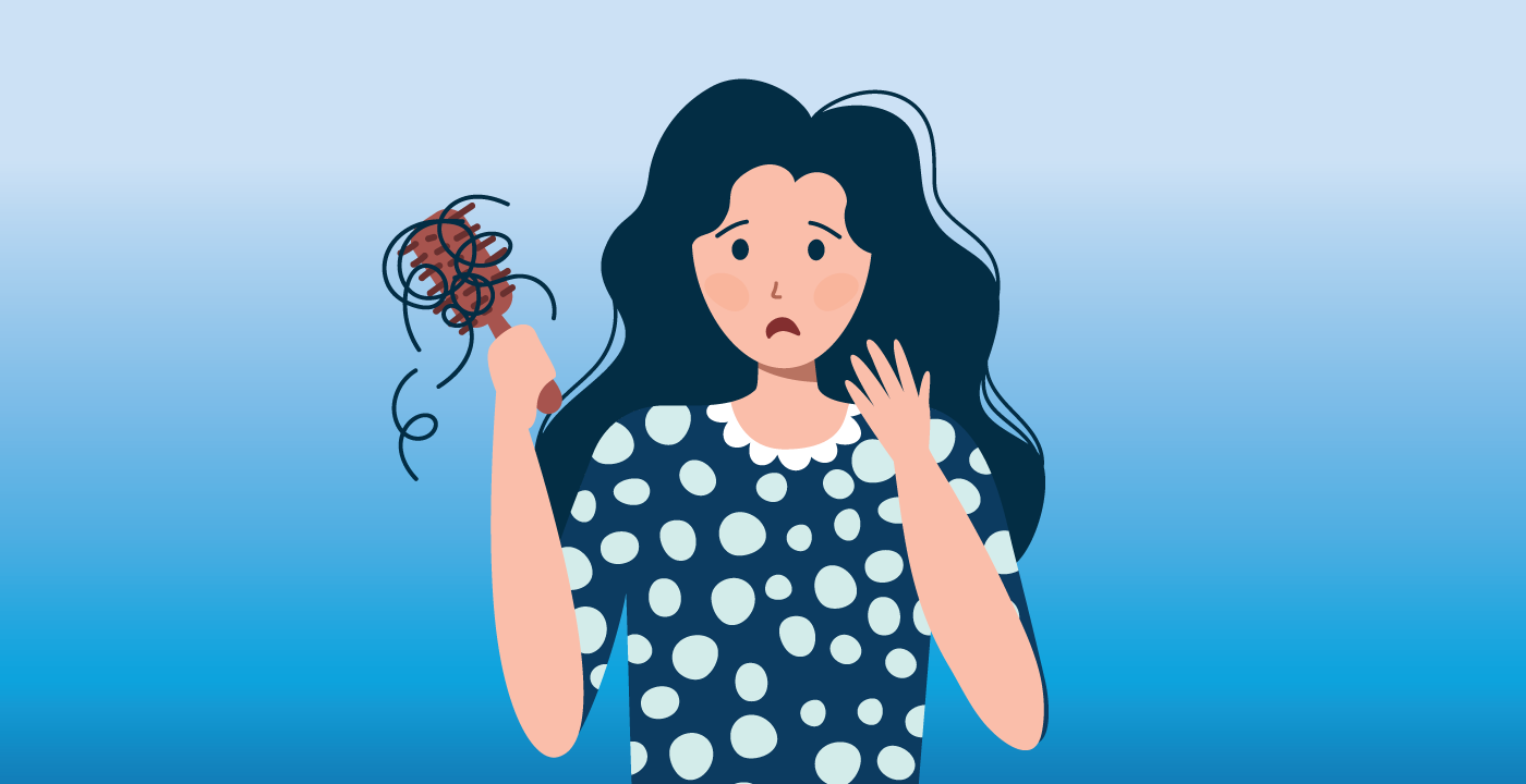 Illustration of woman holding hair brush full of hair and looking worried